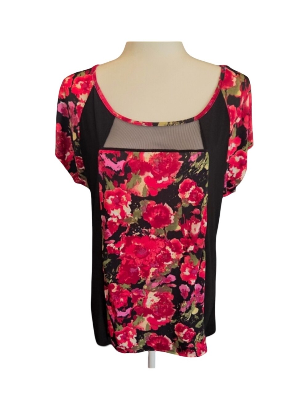 Forever Jade Y2K Floral Contrast Tunic Top Sheer Mesh Panel High-Low S
